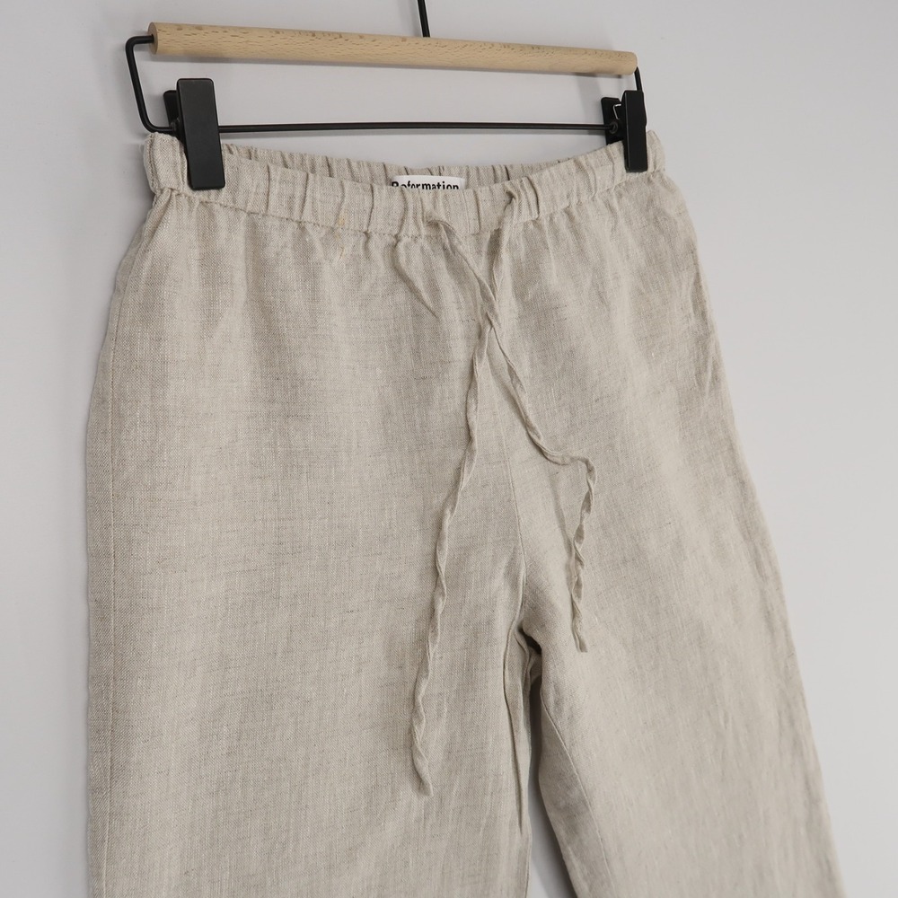 Reformation Olina Pants Womens XS Oatmeal Beige Solid Linen Wide Leg Drawstring - Picture 3 of 11